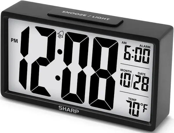 Sharp Alarm Clock with Easy to Read 2.8” Jumbo Screen with Indoor Temperature, Nightlight, Calendar, Battery Operated Digital Clock for Bedrooms or Travel, Black