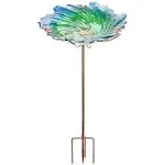 MUMTOP Glass Bird Bath Outdoor Birdbaths Garden Birdfeeder with Metal Stake Green, Height:26inch