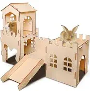 NICERINC Pet Extra Large Wooden Rabbit Castle Hideaway Tunnel and Bed Small Animal Hideaway Hut Solid Safe Construction Play Hideaway Hut for Rabbit