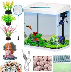 SANOSY Glass Fish Tank 2.3 Gallon Aquarium Starter Kit Small Betta Fish Tank Desktop Mini Fish Bowl for Shrimp Small Fish with Pump LED Light