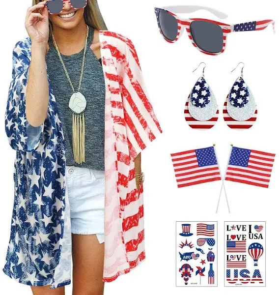 ZeroShop 4th of July Women&#039;s American Flag Print Kimono Cover Up Cardigan with A