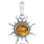 925 Sterling Silver Sun Pendant for Women - Genuine Baltic Amber - Honey Stone C