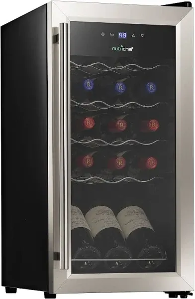 nutrichef 15 Bottle Fridge | Red and White Chiller | Adjustable Temp Control 41°F to 64°F | Ultra Quiet Operation | Mini Wine Cooler Built for Home, Office, Kitchen Counter, 27x13x17, Stainless Steel