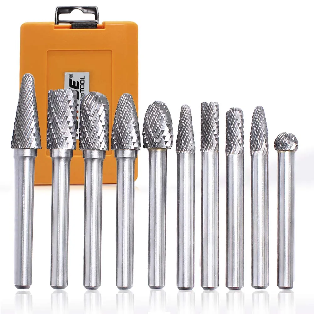 Pilim Tungsten Carbide Burr Set 1/4" Shank 10PC Double Cut Rotary Cutting Burrs Die Grinder Bits for Steel and Wood Working