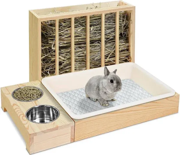 3 in 1 Rabbit Hay Feeder with Litter Box, Wood, Mess Proof, for Guinea Pig, Chinchillas, Hamster, Dwarf Rabbit