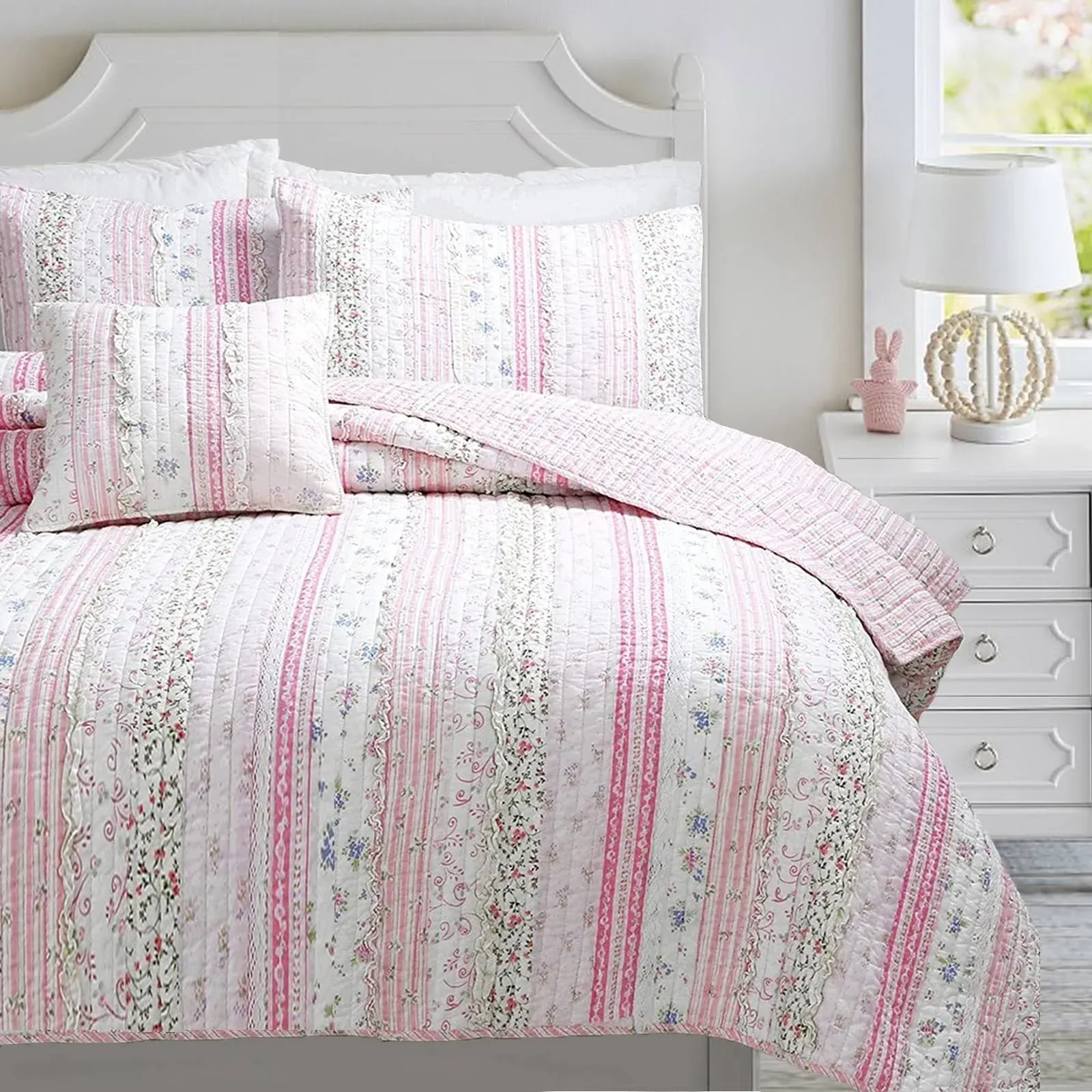 Cozy Line Home Fashions Pink Flower Lace Ruffle Stripe Shabby Chic Girl 100% Cotton Reversible Quilt Bedding Set, Coverlet, Beds