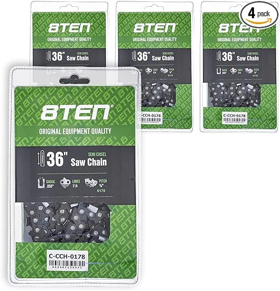 8TEN Semi Chisel Chainsaw Chain 36 Inch .050 3/8 114DL for Stihl MS 390 440 660 (4 Pack)