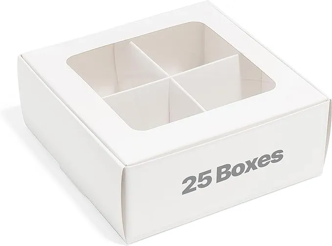 Small Cookie Boxes - White | 4 Treats - Window and Dividers | 6 x 6 x 2.4 Inc...