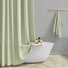 BTTN Extra Long Shower Curtain 72x84 inch Long Boho Tassel Linen Fabric Thick Shower Curtain Set with Plastic Hooks Large Mode