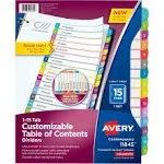 Avery 15 Tab Dividers for 3 Ring Binders, Customizable Table of Contents, Multicolor Tabs, 1 Set (11845)