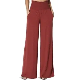 Themogan Women's High Rise Smocked Elastic Waist Pull On Wide Leg Lounge Pants