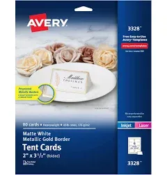 Avery Tent Cards with Metallic Gold Borders, 2" x 3.5", 80 Total, Laser/Inkjet Printable Place Cards and Tent Cards (3328)