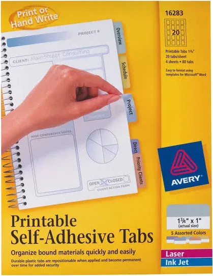 Avery 16283 Printable Repositionable Tabs, 1-3/4&#034;, Assorted 80 Tabs