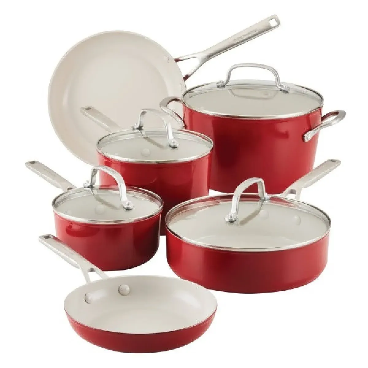 KitchenAid Hard-Anodized Ceramic Nonstick 10-Piece Cookware Set, Empire Red