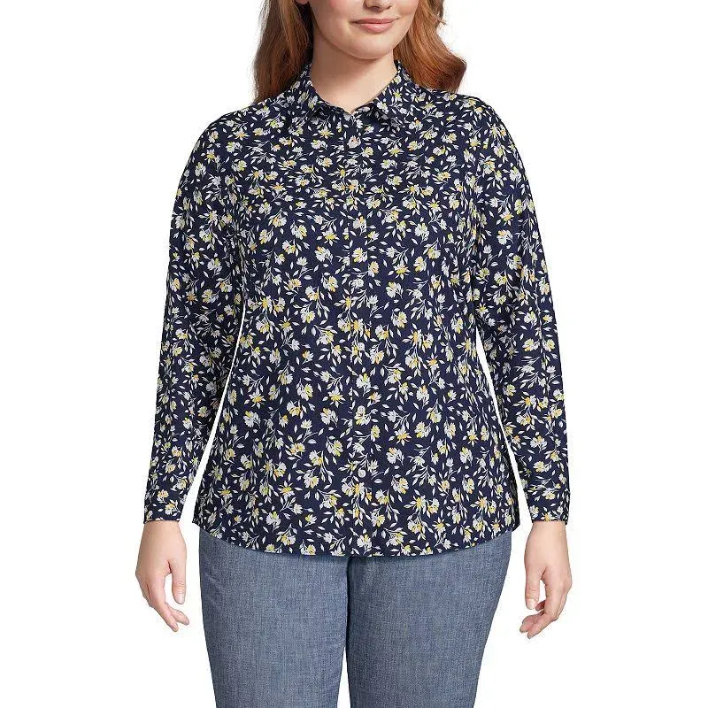 Lands' End Women's Plus Size Wrinkle Free No Iron Button Front Shirt - 16W - Deep Sea Navy Floral