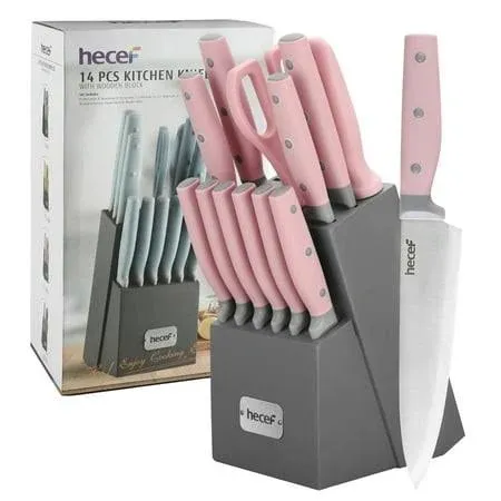 Hecef Kitchen Knife Block Set, 14 Pieces Set with Wooden Block &amp; Sharpener Steel