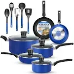 SereneLife 15 Piece Pots and Pans Non Stick Kitchenware Cookware Set, Blue