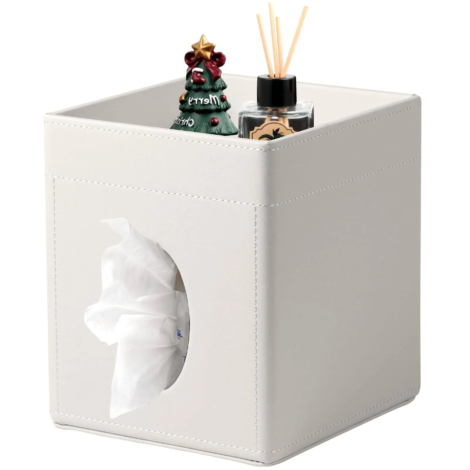 Tissue Box Cover, PU Leather Square Tissue Box Holder with Upper Storage Tray for Bathroom/Countertop/Nightstand/Office Table - White