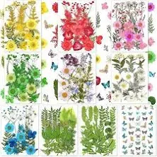 223 Pieces Real Dried Flowers Leaves and Butterfly Stickers Set, Multiple Pressed Dry Flowers Colorful Natural Daisies Flowers and Adhesive Butterfly