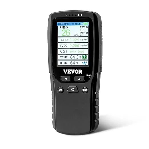 VEVOR Air Quality Monitor 8-in-1, Professional PM2.5 PM10 PM1.0 Particle Counter, Formaldehyde, Temperature, Humidity, TVOC AQI Tester for Indoor/Outdoor, Air Quality Meter w/Alarm Thresholds