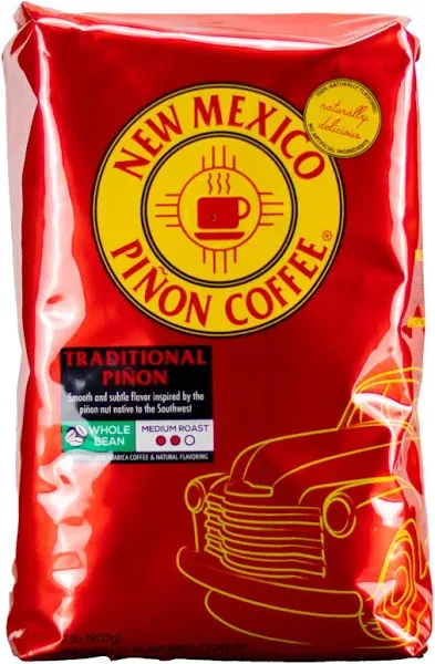 New Mexico Piñon Whole Bean Coffee Medium Roast 100% Brazilian Arabica Caffeine Boost - Traditional Piñon Naturally Nutty & Smooth Flavored Coffee Beans - 2 Lb Bag