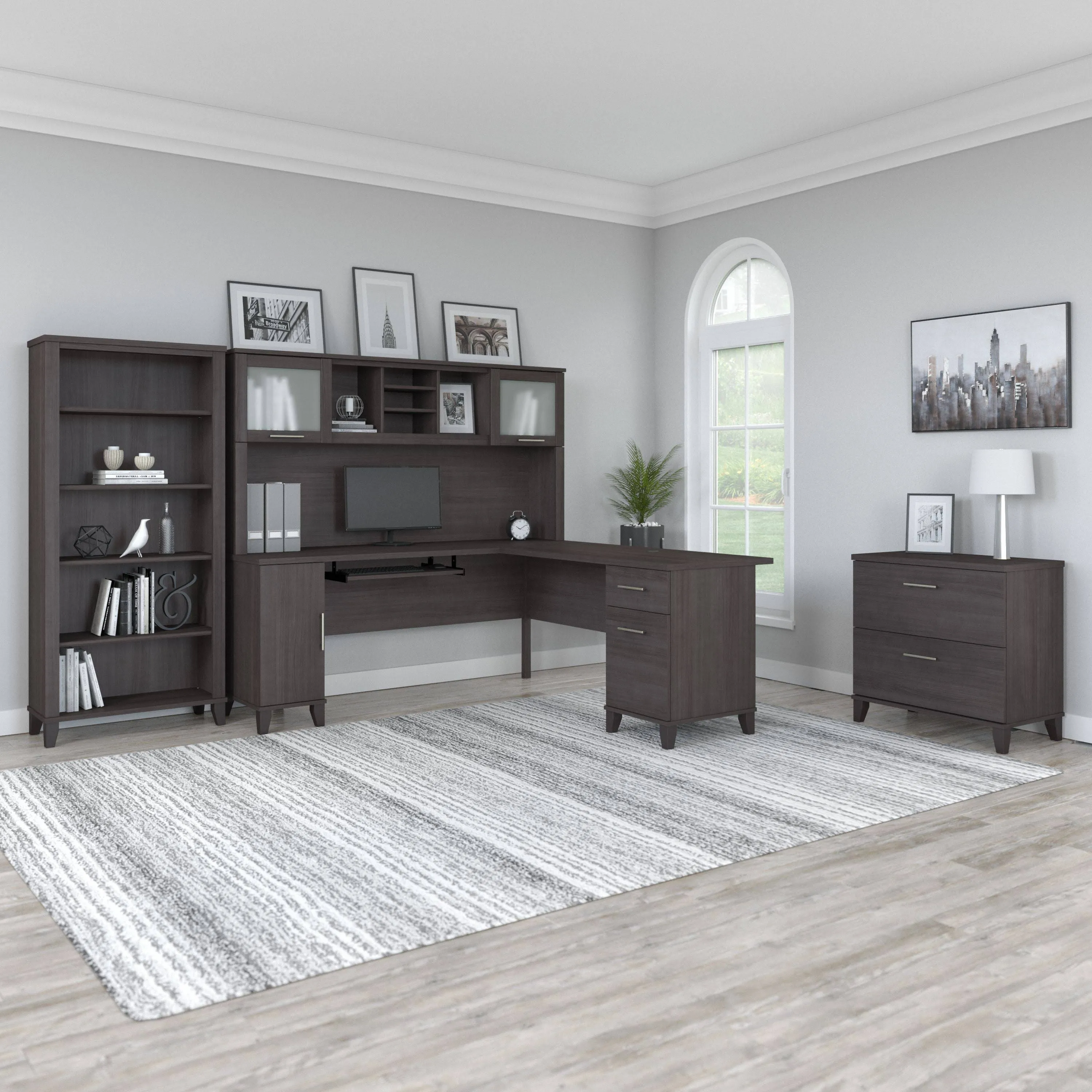 Bush Furniture Somerset 72W L Shaped Desk with Hutch, Lateral File Cabinet and Bookcase Ash Gray