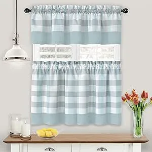 Kate Aurora Modern Country Farmhouse 3 Piece Plaid Checkered Cafe Kitchen Curtain Tier & Valance Set