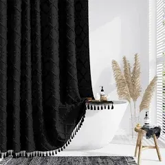 Dynamene Boho Farmhouse Shower Curtain, Black Fabric Chenille Tufted Geometric Striped Textured Cloth Tassel Shower Curtains for Bathroom, Minimalist