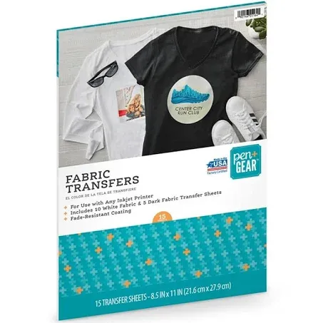 Pen+gear Fabric Transfers Paper 8.5" x 11" 15-Sheets for Inkjet Printers White & Dark