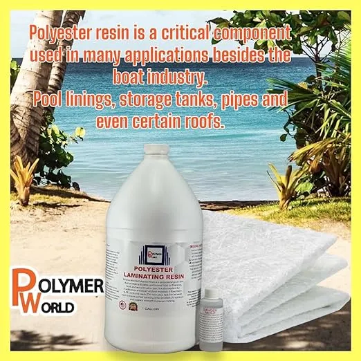 Polymer World- 1 Gal Polyester Resin with Rolled 1.5x50x5 Yard Chopped Strand Mat, Fiberglass Kit for Boats, Cars, Surfboard, RV Canoes, Jetski,Watercraft, with MEKP