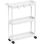 Compact Slim Kitchen Cart with 3-Tier Shelves, Handle, and Hooks - White