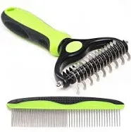  Pet Dematting Grooming Set- 2 Sided Undercoat Rake + Grooming Comb for Dogs, 