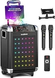 MASINGO Karaoke Machine for Adults and Kids with 2 Bluetooth Wireless Microphones. Portable Singing PA Speaker System with Disco Ball Lights, Lyrics Display Tablet Holder & TV Cable. Soprano X1 2.0