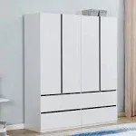 74.2" Tall 4-Doors 4 Drawers White Wardrobe Armoire Closet, Wood Minimalist Freestanding Storage Cabinet for Bedroom Bathroom with Hanging Rod Shelf, Wooden Clothes Shoes Organizer