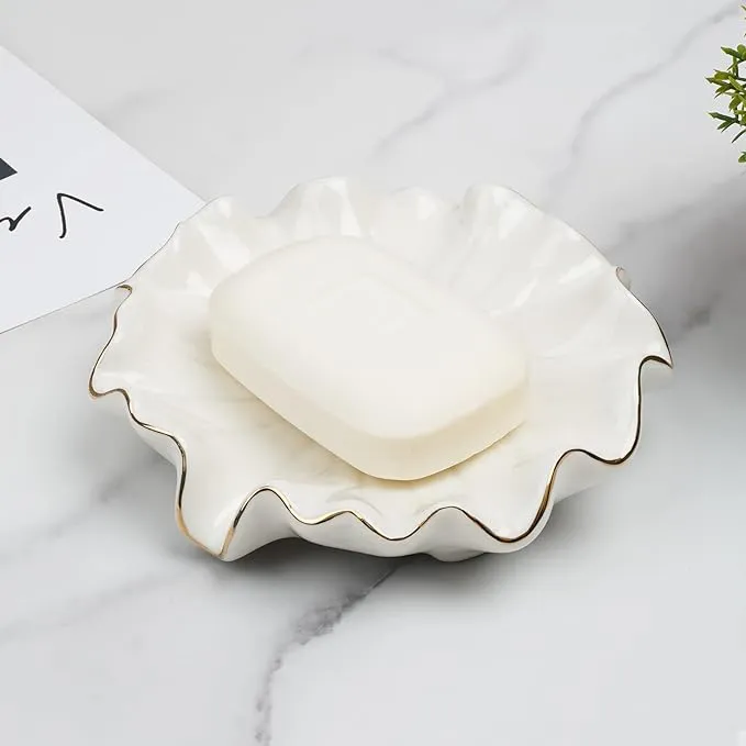 Ceramic Self Draining Soap Dish White Lotus Leaf Soap Holder Waterfall Soap Dish Soap Savers for Bar Soap, for Bathroom, for Shower, for Bar Counter