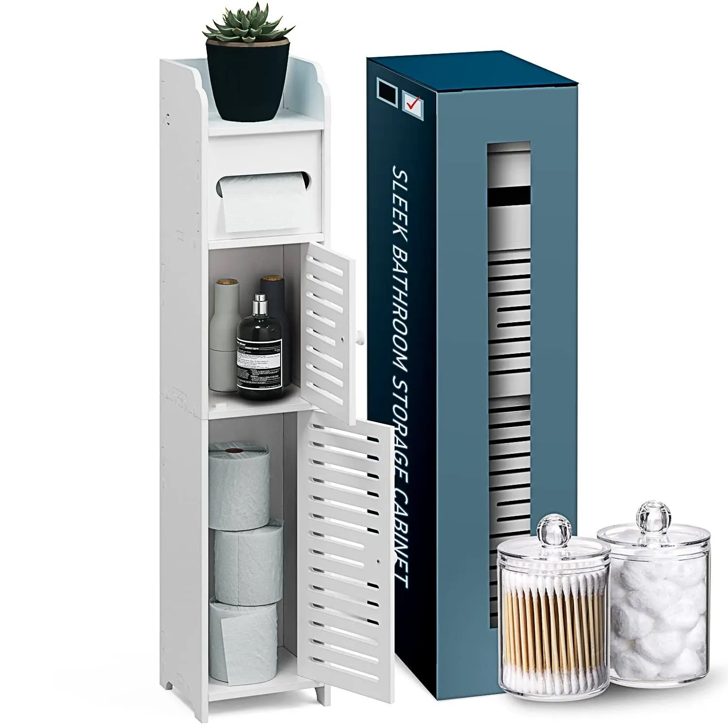 Bathroom Storage Organizer - Floor Standing with Shelves - Includes 2 Apothecary