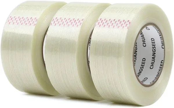 CHUANGSEED 3Pack Mono Filament Strapping Tape 6.2mil x 2Inch x 60yds Commodity Grade Heavy Duty Transparent Reinforced Fiberglass Tape