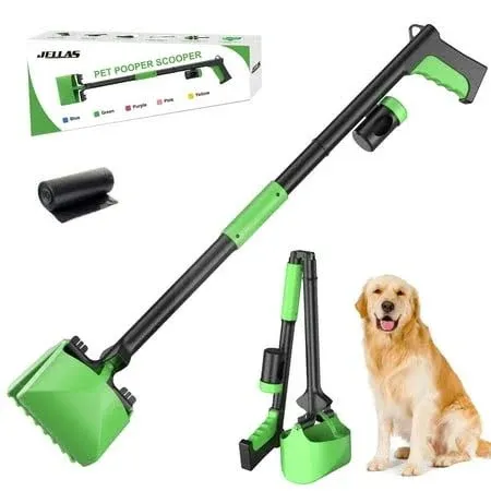 32 Inch Pooper Scooper for Dogs and Cats - Portable Dog Poop Scooper with Foldable Long Handle, Includes Bag and Attachment - Ideal for Large & Small Dogs (Apple Green)