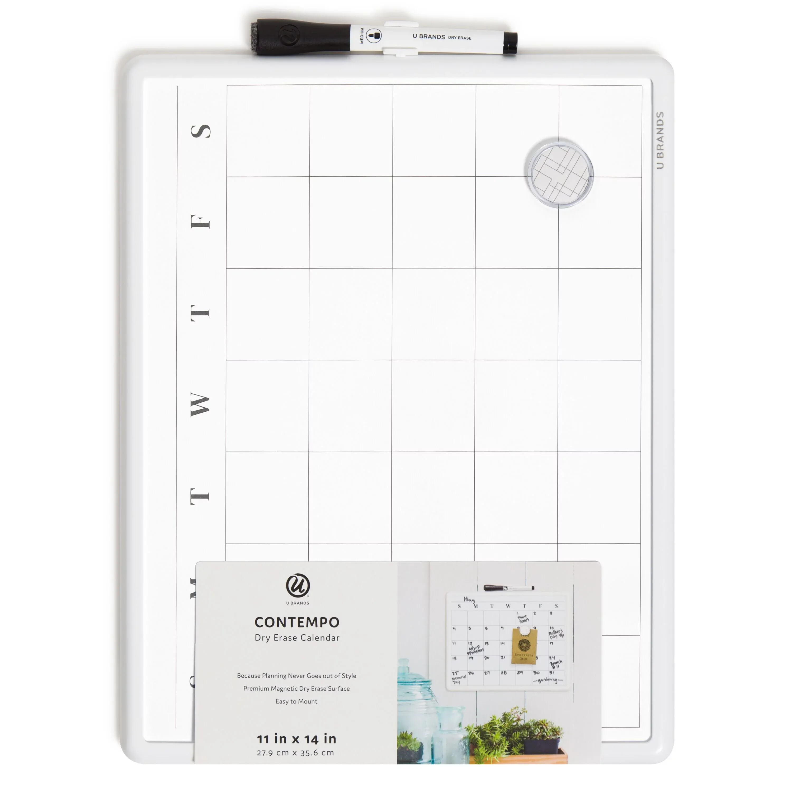 U Brands 11x14 Contempo Frame Dry Erase Calendar, White, Magnetic Whiteboard