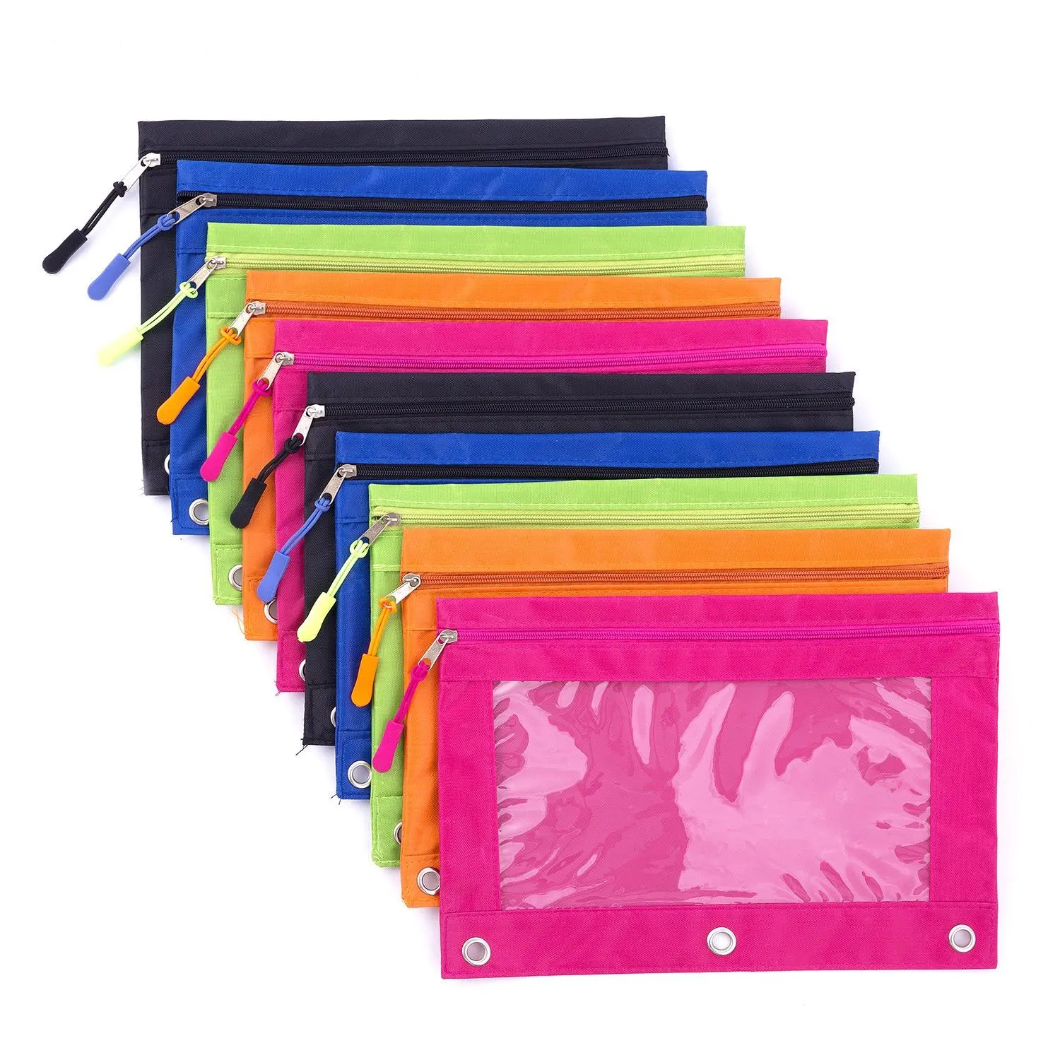 Binder Pencil Pouch with Zipper Pulls Pencil Case with Rivet Enforced 3 Ring 10 Pack 5 Colors