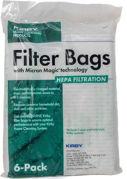 Kirby 204814 Micron Magic HEPA Filter Plus Bags, 6, White Vacuum Bags