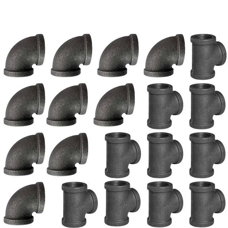 1/2 Pipe Fitting Tee &amp; Elbow, 20 Pack Threaded Cast Black Malleable Iron Pipe El