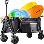 Overmont Collapsible Beach Wagon Cart with Side Pockets - All-Terrain Big Detachable Wheels - 265lbs Weight Capacity - Heavy Duty Foldable Garden Cart 150L for Camping Shopping Sports