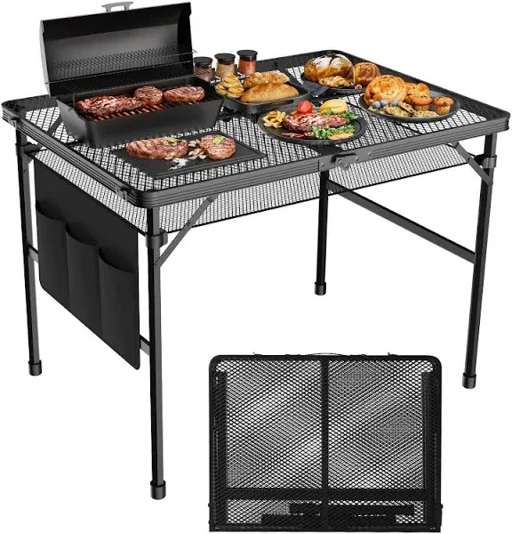 WildFinder 3x2 ft Folding Grill Table, Portable Camping Table for Outside, Adjustable Height Folding Table with Desktop & Mesh Bag, Lightweight