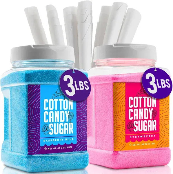 Cotton Candy Floss Sugar Strawberry Flavor- Reusable Plastic Jars - Easy Pour...