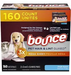 Bounce Pet Hair & Lint Guard Dryer Sheets Fresh Scent Mega 160 Count