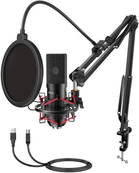 FIFINE USB Microphone Set with Flexible Boom Arm Stand Pop Filter, Plug and Play with PC Desktop Laptop Computer, Streaming Podcast Instrument Mic Kit for Home Studio (T732)