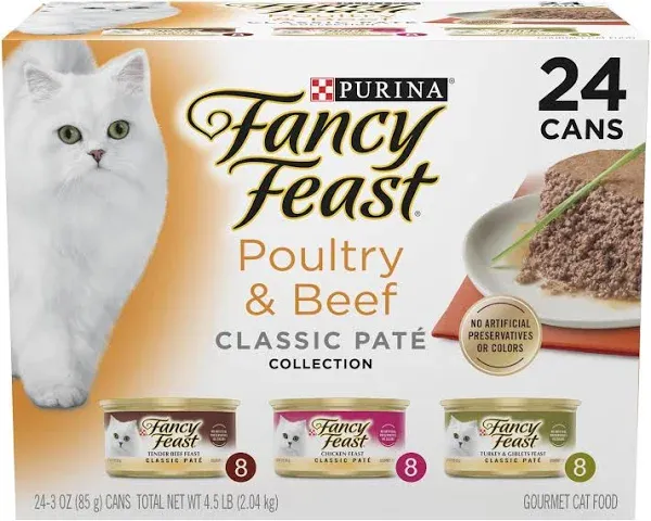 Fancy Feast Cat Food, Gourmet, Poultry & Beef, Classic Pate Collection - 24 pack, 3 oz cans