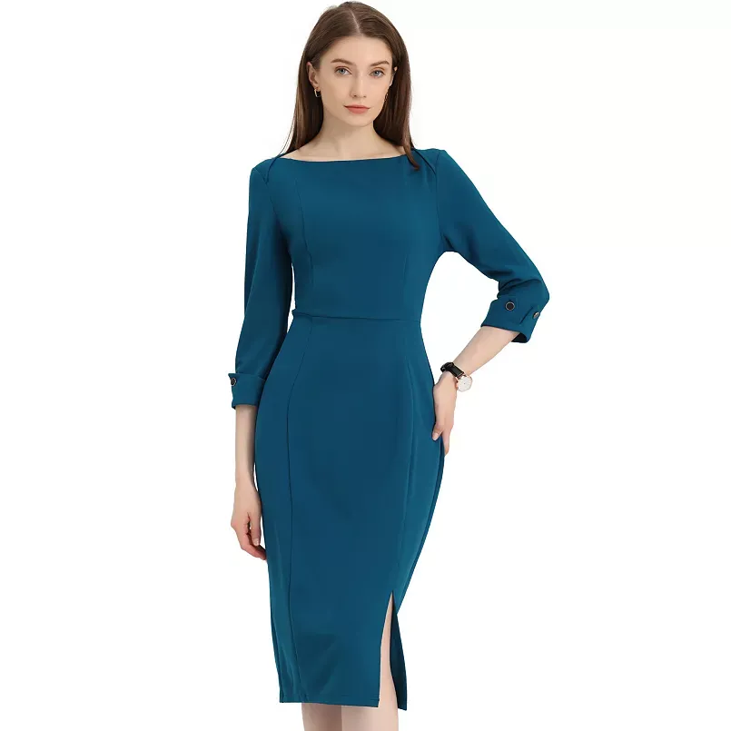 Allegra K Women's Elegant Boat Neck 3/4 Sleeves Work Midi Split Sheath Dress