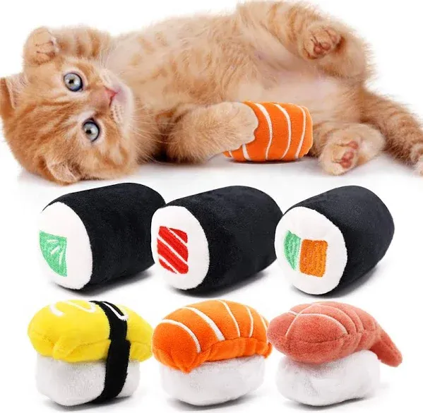 CiyvoLyeen 6 Pack Sushi Cat Toys with Catnip Sushi Roll Pillow Kitten Chew Bite Supplies Boredom Relief Fluffy Kitty Teeth Cleaning Chewing Cat Lovers Interactive Plush